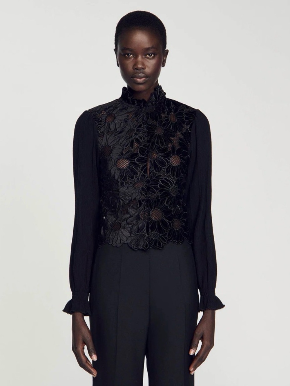 Sandro May Floral Guipure Lace Mock Neck Velvet Top in Black✨✨